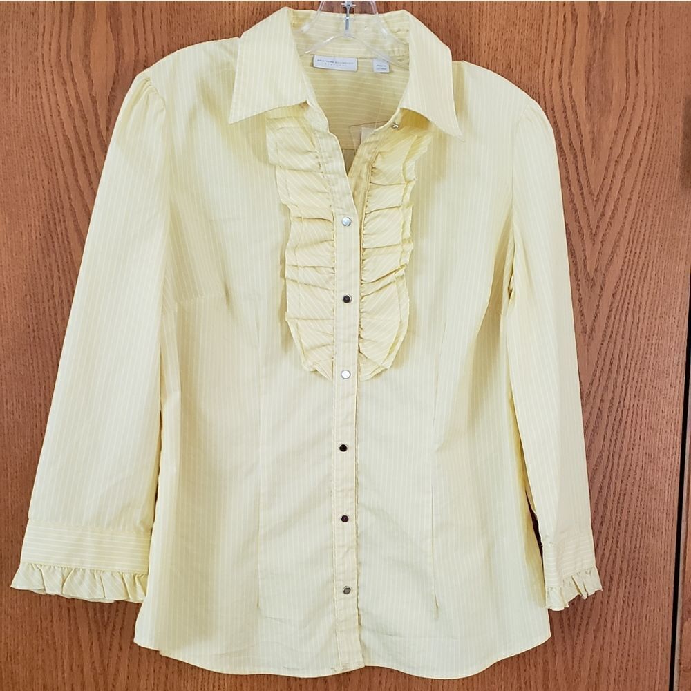 NWT New York & Co Yellow White Striped Blouse Sz L